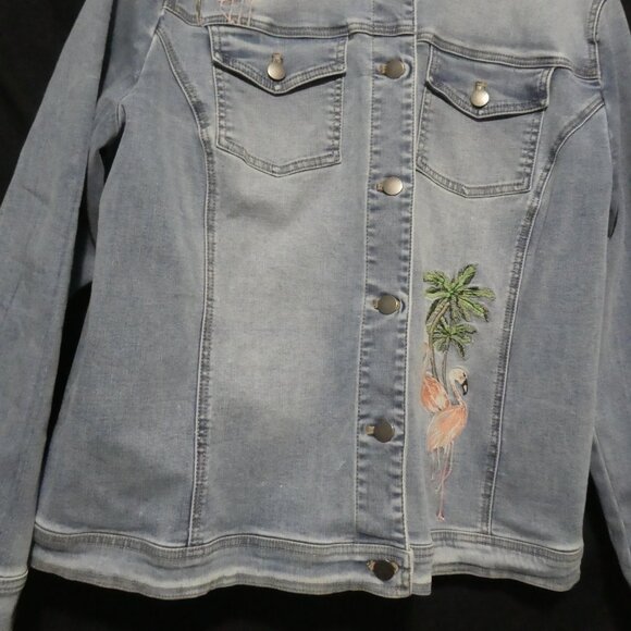 CHICO'S | size 3 | Button-Up Front Blue Denim Jacket | Flamingo Front and Back - Picture 9 of 16